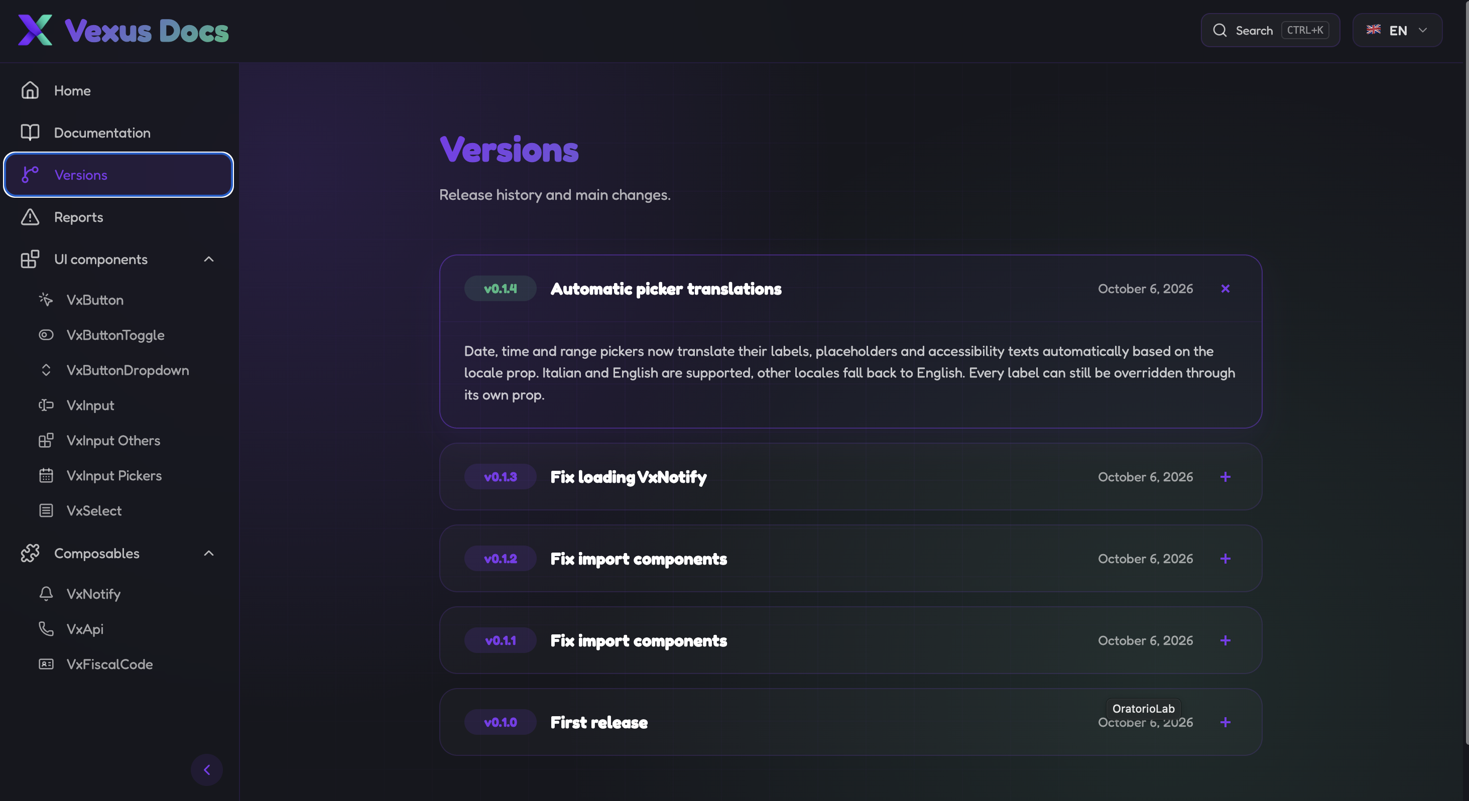 Vexus version page