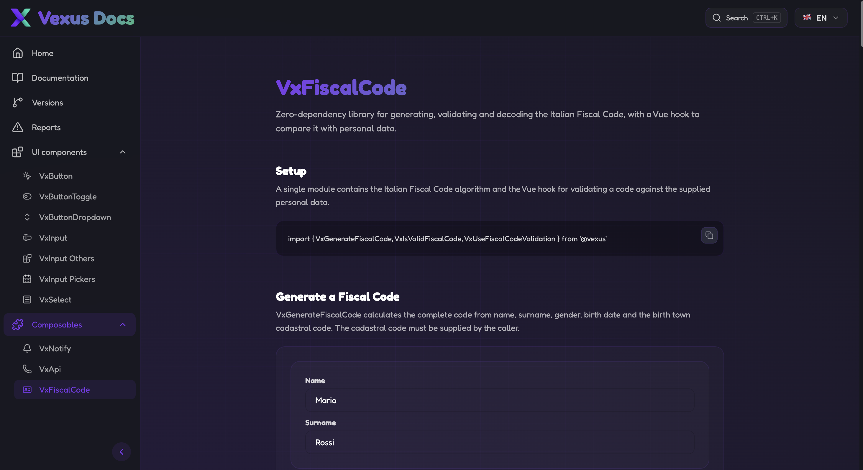 Vexus useVxFiscalCode page